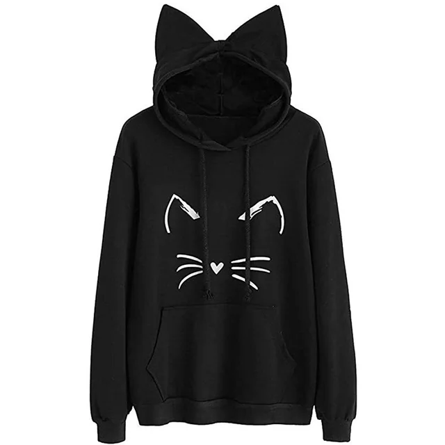 New Cat Print Ear Hoodie For Ladies Black - Shop at LoveMi