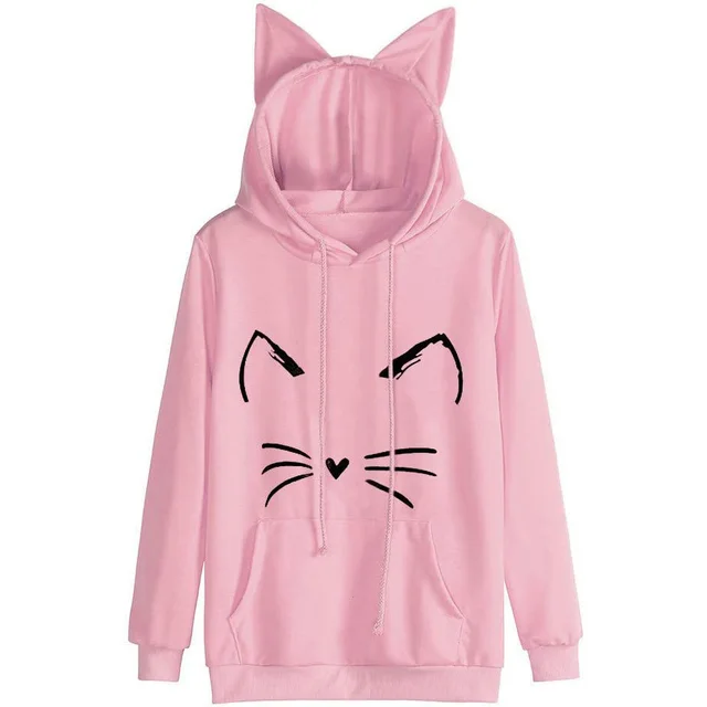 New Cat Print Ear Hoodie For Ladies Pink - Shop at LoveMi