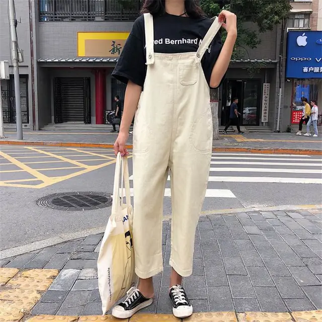 The Korean Version Of The Outer Jumpsuit Trousers Is Loose And Thin And Straight Off White - Shop at LoveMi