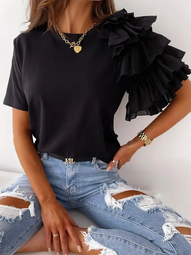 Hot Style Summer Simple And Fashionable Ruffled Short Sleeved Round Neck Ladies T shirt Black - Shop at LoveMi