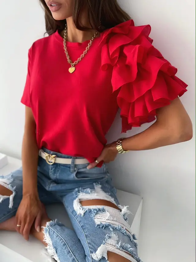 Hot Style Summer Simple And Fashionable Ruffled Short Sleeved Round Neck Ladies T shirt Red - Shop at LoveMi