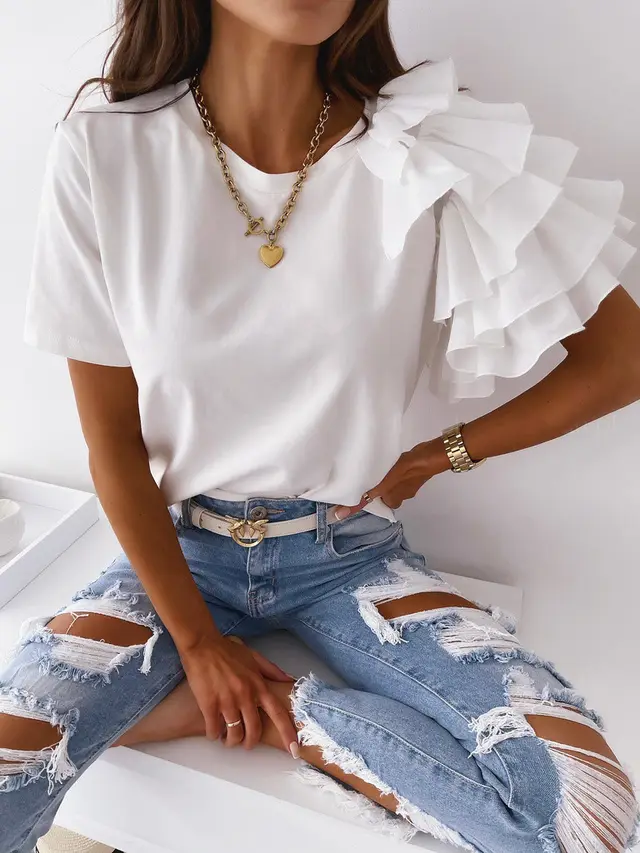 Hot Style Summer Simple And Fashionable Ruffled Short Sleeved Round Neck Ladies T shirt White - Shop at LoveMi