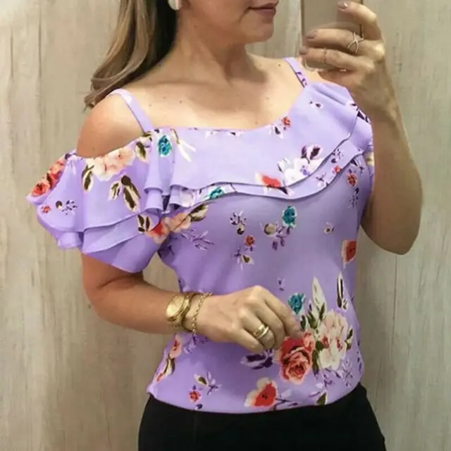 Off the shoulder Top Floral Shirt Spaghetti Belt Top Ladies Slim Fit Shirt Purple - Shop at LoveMi