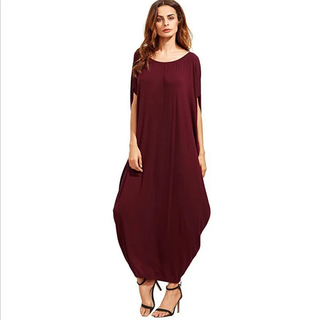 Loose Dress Cross border Explosion Solid Color Pleated Long Skirt Red Wine - Shop at LoveMi