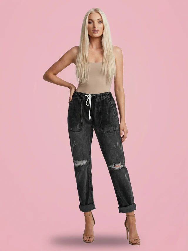 Straight Ripped Jeans For Women Drawstring Trousers With Pockets Fashion Pants Black - Shop at LoveMi