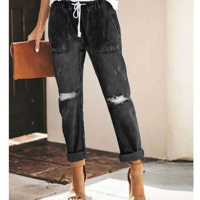 Straight Ripped Jeans For Women Drawstring Trousers With Pockets Fashion Pants Black - Shop at LoveMi