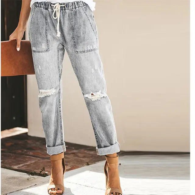 Straight Ripped Jeans For Women Drawstring Trousers With Pockets Fashion Pants Gray - Shop at LoveMi