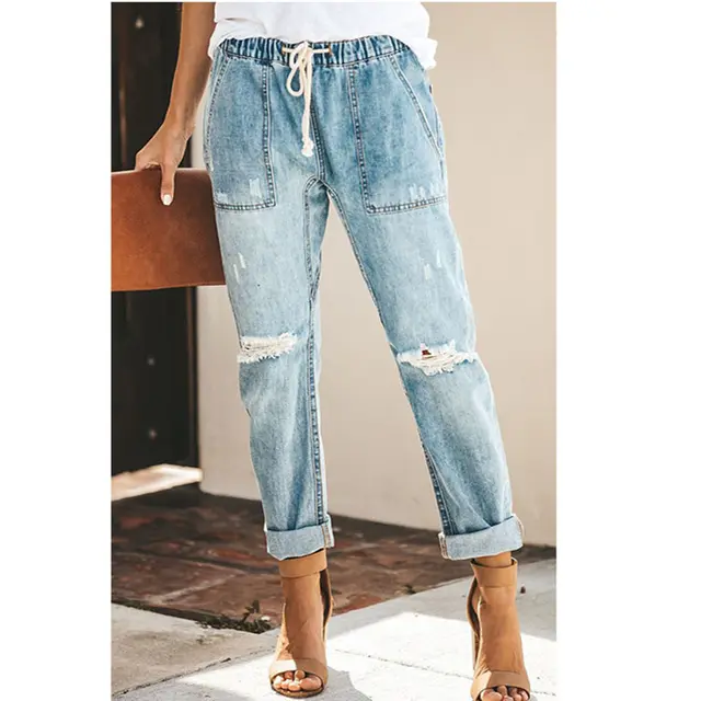Straight Ripped Jeans For Women Drawstring Trousers With Pockets Fashion Pants Light Blue - Shop at LoveMi