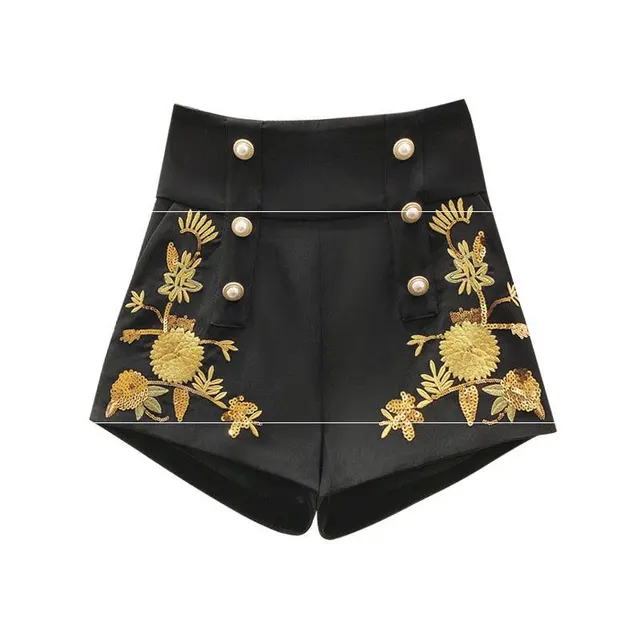 Autumn And Winter French Niche Embroidery Double Breasted Wide Leg Shorts Women's Retro Heavy Pearl Buckle High Waist Sequined Casual Pants Black - Shop at LoveMi