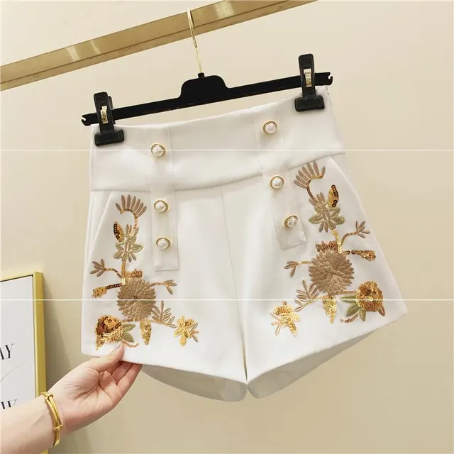 Autumn And Winter French Niche Embroidery Double Breasted Wide Leg Shorts Women's Retro Heavy Pearl Buckle High Waist Sequined Casual Pants White - Shop at LoveMi