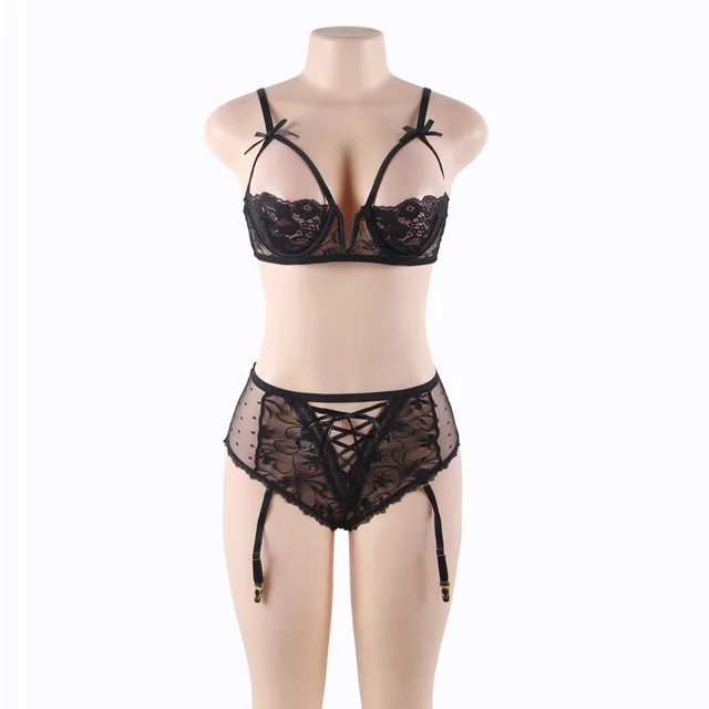 Foreign Trade Large Size Lace Steel Ring Bra Garter Panties Sexy Underwear Black - Shop at LoveMi