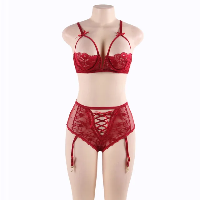Foreign Trade Large Size Lace Steel Ring Bra Garter Panties Sexy Underwear Red - Shop at LoveMi