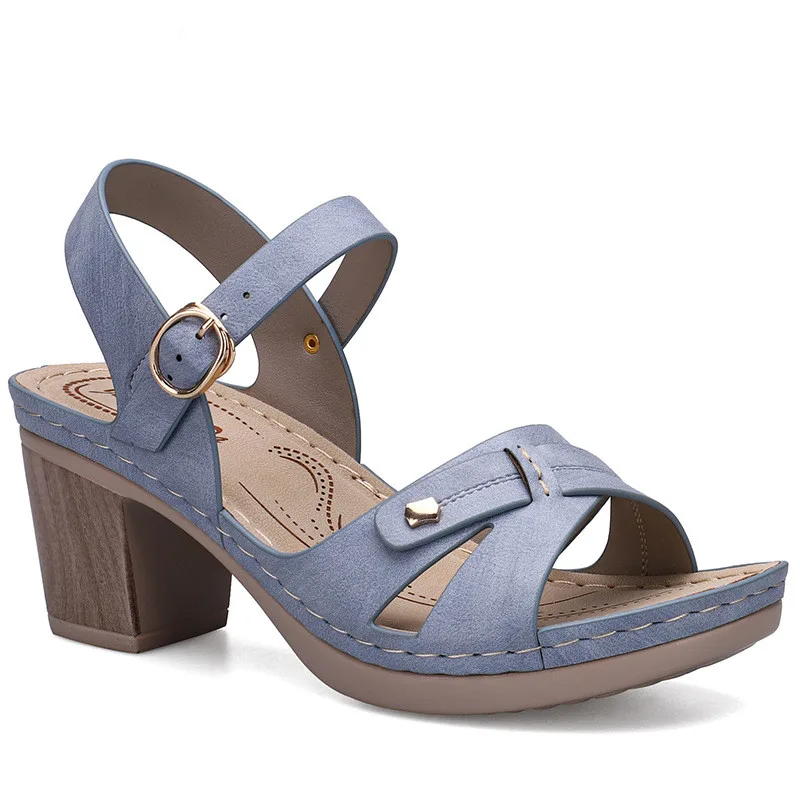 Bohemian Thick Heel Stitched Comfortable Women'S Sandals Blue - Shop at LoveMi