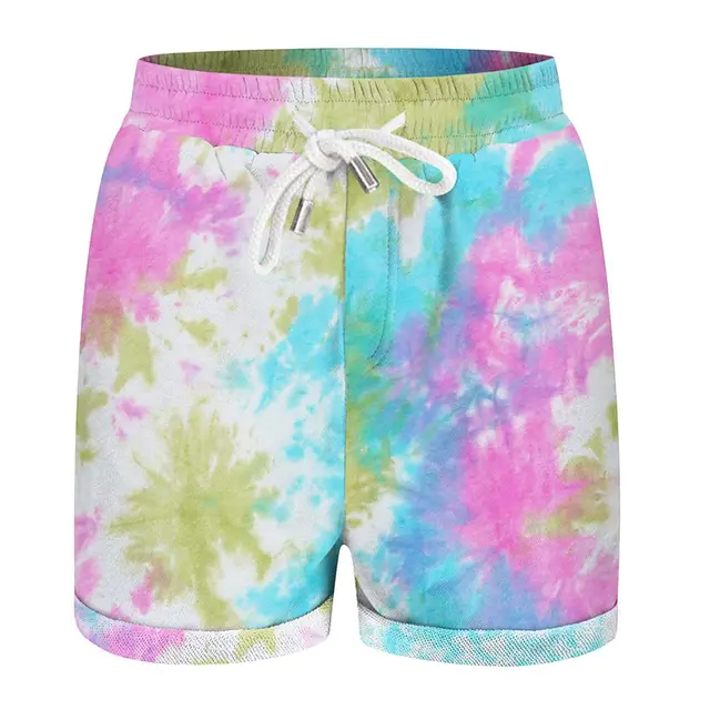 Tie Dye Printing Fashion Casual Ladies Short Pocket Loose High Waist Women's Pants Blue Pink - Shop at LoveMi