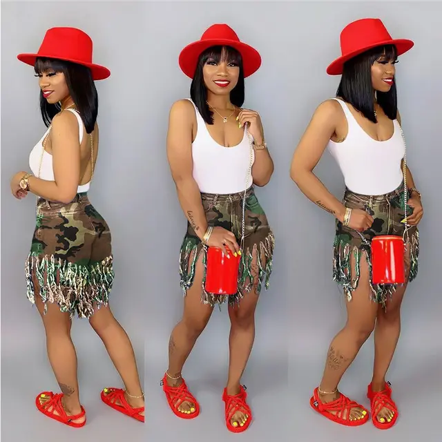 Fringed Brushed Camouflage Print Shorts Women's Casual Straight leg Pants Green - Shop at LoveMi