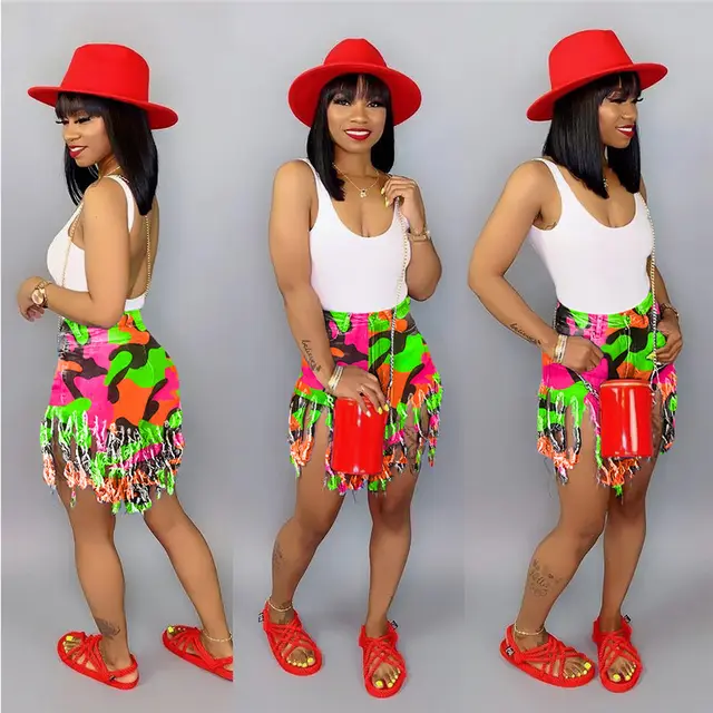 Fringed Brushed Camouflage Print Shorts Women's Casual Straight leg Pants Pink - Shop at LoveMi