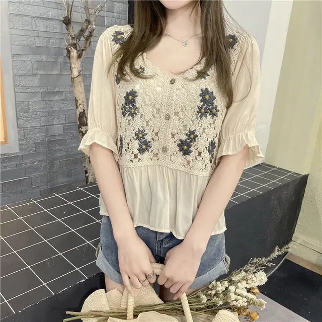 Summer New Style French Chiffon Shirt Crochet Embroidery Knitting Hollow Short Sleeves Apricot - Shop at LoveMi