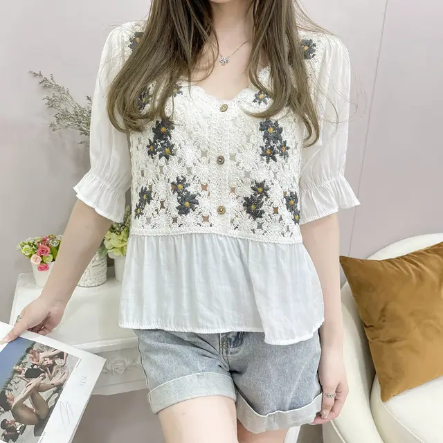 Summer New Style French Chiffon Shirt Crochet Embroidery Knitting Hollow Short Sleeves White - Shop at LoveMi