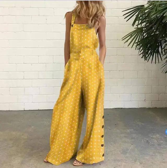 Cotton And Linen Printed Button Trim Suspenders Jumpsuit A Yellow - Shop at LoveMi