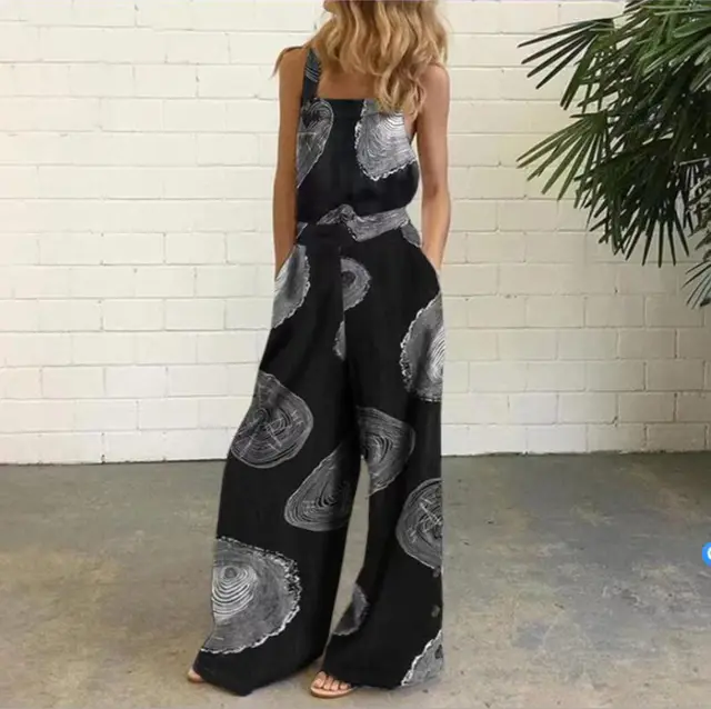 Cotton And Linen Printed Button Trim Suspenders Jumpsuit Black - Shop at LoveMi