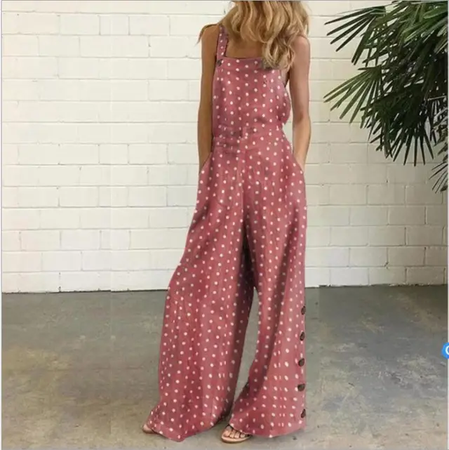 Cotton And Linen Printed Button Trim Suspenders Jumpsuit - Pink