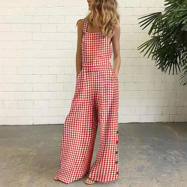 Cotton And Linen Printed Button Trim Suspenders Jumpsuit - Red