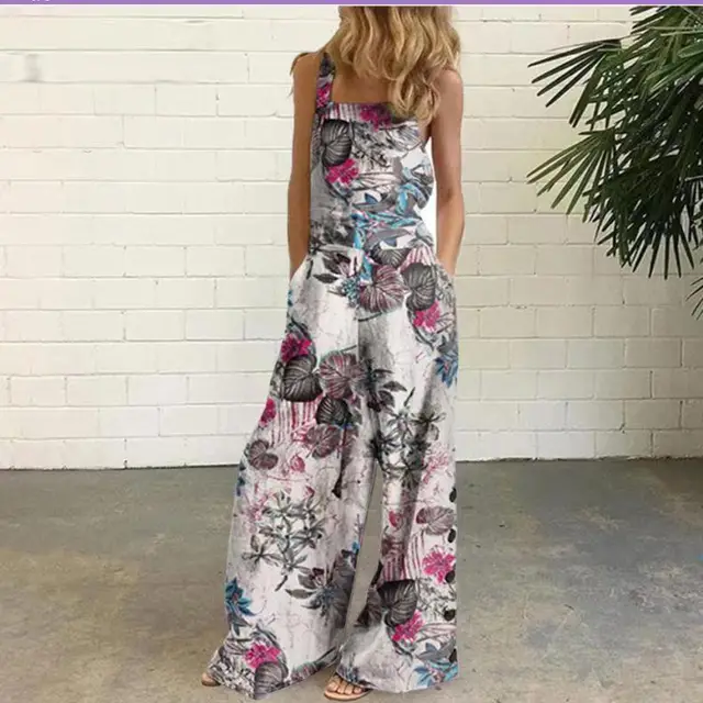 Cotton And Linen Printed Button Trim Suspenders Jumpsuit Safflower On White - Shop at LoveMi