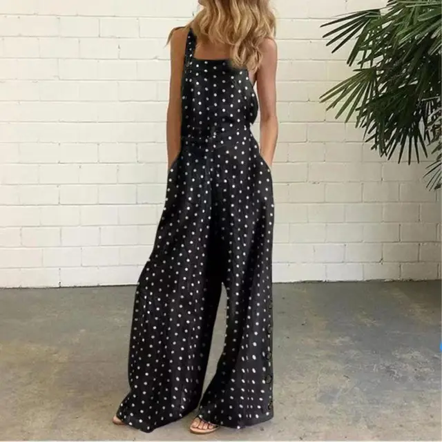 Cotton And Linen Printed Button Trim Suspenders Jumpsuit Black - Shop at LoveMi