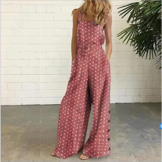 Cotton And Linen Printed Button Trim Suspenders Jumpsuit Pink - Shop at LoveMi