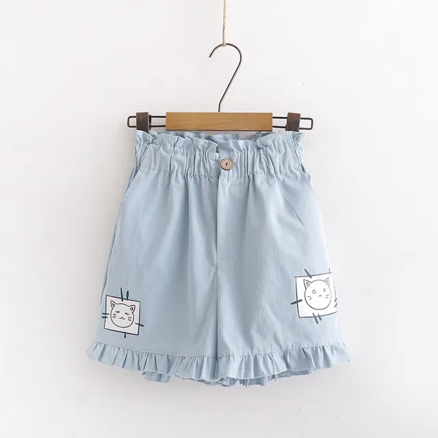 Summer New Style Sweet Casual Wear Cute Cartoon Print Summer Wide leg Shorts Women Light Blue - Shop at LoveMi
