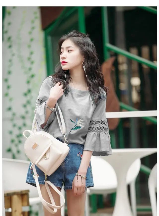 Fashion Half Sleeved Hollow Lace Flared Sleeve Top Women Loose Short Sleeved Bottoming T Shirt Grey - Shop at LoveMi