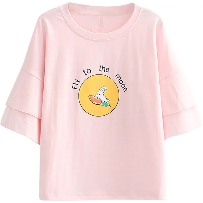 Soft girl College Style Sweet And Cute Bunny Carrot Loose Short Sleeved T shirt Student Girl Junior High School Student Summer Clothes - Pink