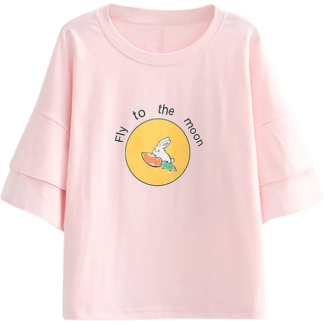 Soft girl College Style Sweet And Cute Bunny Carrot Loose Short Sleeved T shirt Student Girl Junior High School Student Summer Clothes Pink - Shop at LoveMi
