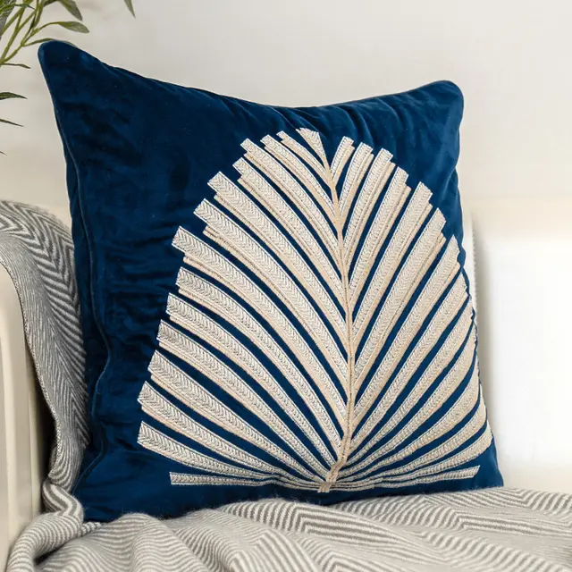 Modern Simple And Light Luxury Style Sofa Pillow Cushion Dutch Flannel Embroidered Fan Leaf Model Room Wind Waist Back Pillow Blue - Shop at LoveMi