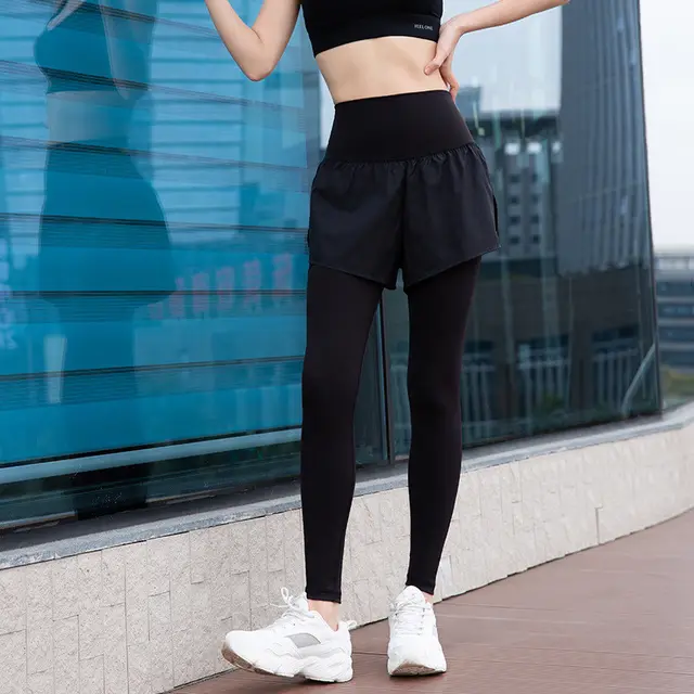 Pocket Fake Two piece Sports Tights Women's High stretch Yoga Pants Black - Shop at LoveMi