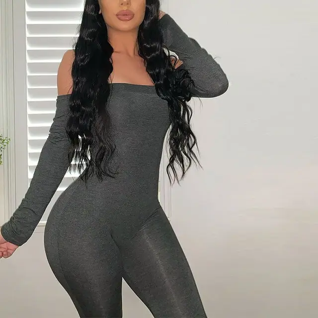 Spring And Summer New Fashion Suit One shoulder Sleeved Jumpsuit Sexy Tight Trousers Gray - Shop at LoveMi