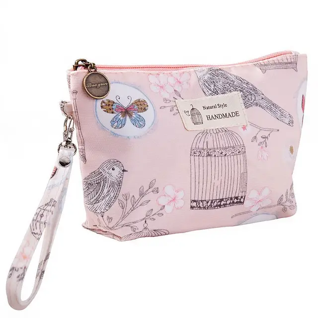 Portable Printed Waterproof Cloth Cosmetic Bag Travel Lady Zipper Hand Washing Bag Pink Bird - Shop at LoveMi