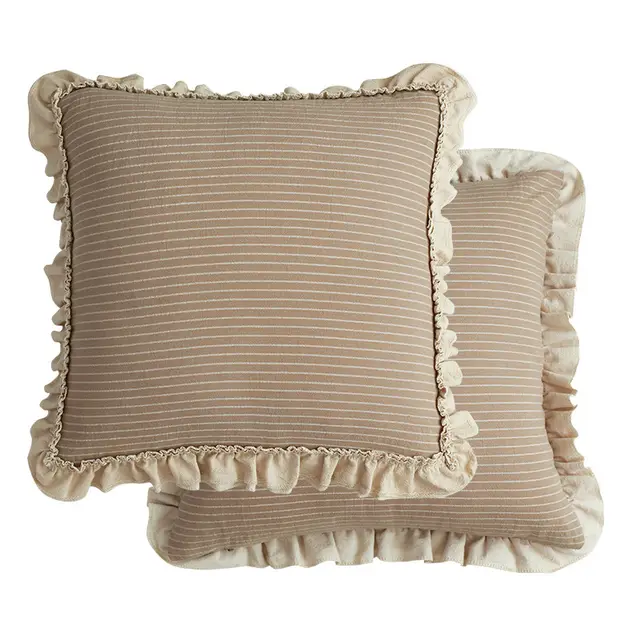 Cotton Sand Washed Lotus Leaf Lace Sofa Pillow, Pastoral Striped British Style Sweet Sofa Waist Pillow Cushion Cotton sand washed lotus leaf lace s... Khaki - Shop at LoveMi
