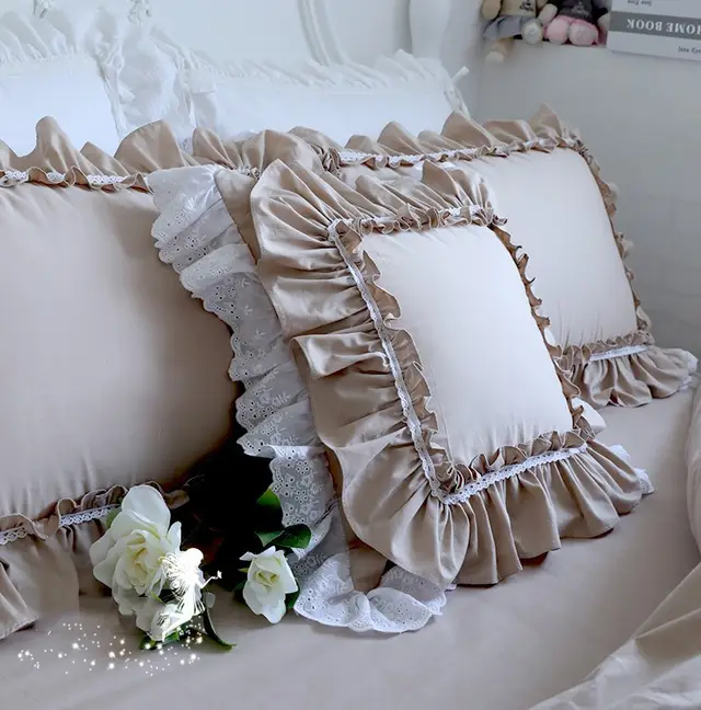 Top Luxury Khaki European Embroidery Cushion Cover Big Ruffle Lace Wrinkle Pillow Cover Cake Layers Princess Bedding Pillowcase Shallow Khaki 4 - Shop at LoveMi