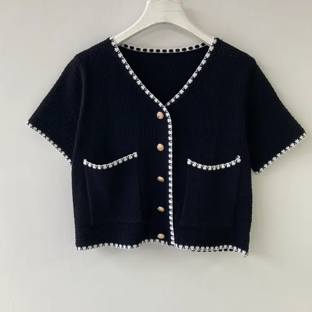 Black And White Classic Crocheted Small Fragrance Short sleeved Knitted Soft Summer T shirt Top Black - Shop at LoveMi