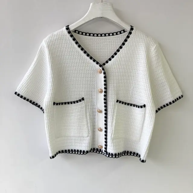 Black And White Classic Crocheted Small Fragrance Short sleeved Knitted Soft Summer T shirt Top White - Shop at LoveMi