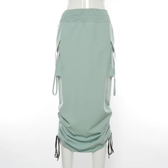 Workwear Elastic Waist Skirt With Smocked Pockets Green - Shop at LoveMi