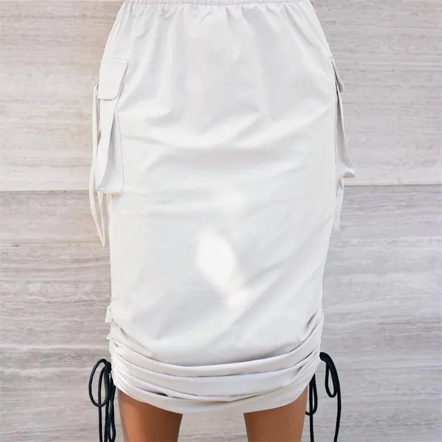 Workwear Elastic Waist Skirt With Smocked Pockets White - Shop at LoveMi