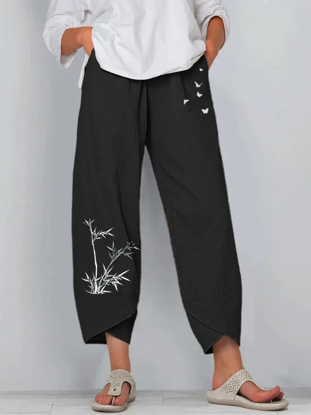 Women's Elastic Waist Pants With Bamboo Butterfly Pattern Black - Shop at LoveMi
