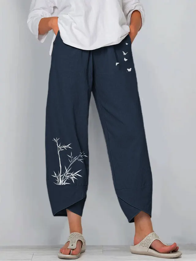 Women's Elastic Waist Pants With Bamboo Butterfly Pattern Blue - Shop at LoveMi