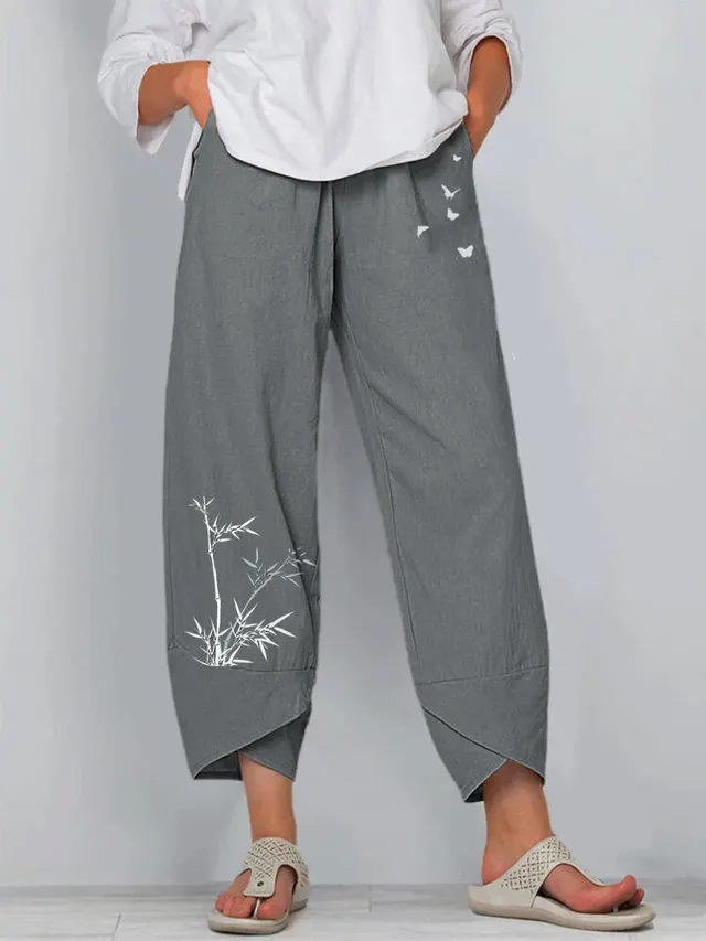 Women's Elastic Waist Pants With Bamboo Butterfly Pattern Grey - Shop at LoveMi