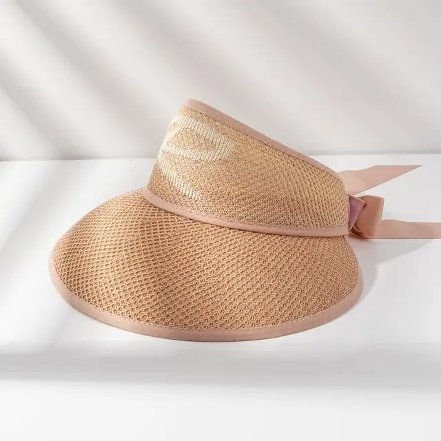 Sun Hat Female Spring And Summer Bow Empty Top Hat Letter Jacquard Sunshade Straw Hat Pink - Shop at LoveMi