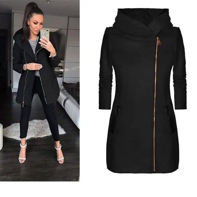 Fashion Side Zipper Plus Fleece Coat Hooded Jacket Sweater Women Black - Shop at LoveMi