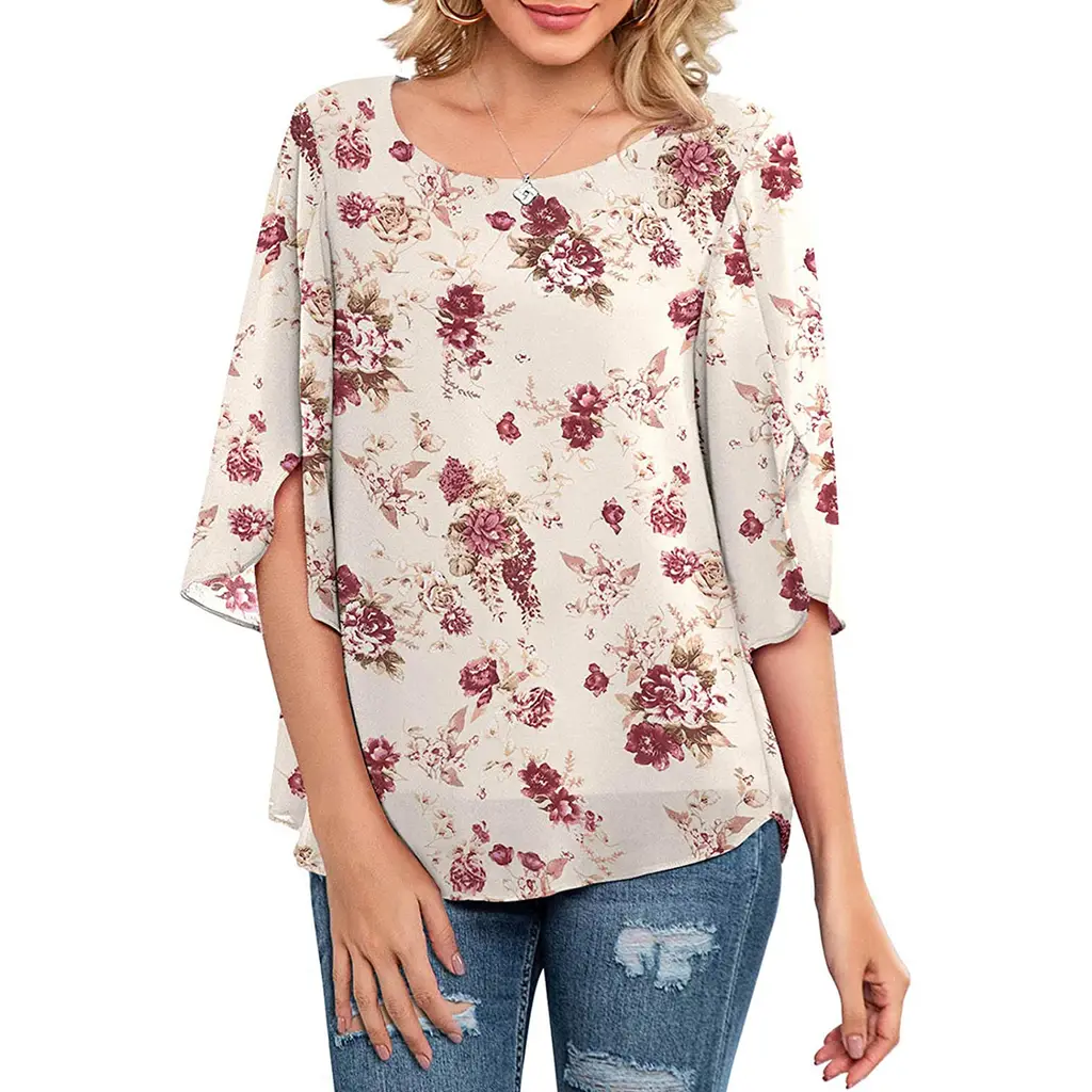 Casual Low Crew Neck Loose Print Shirt