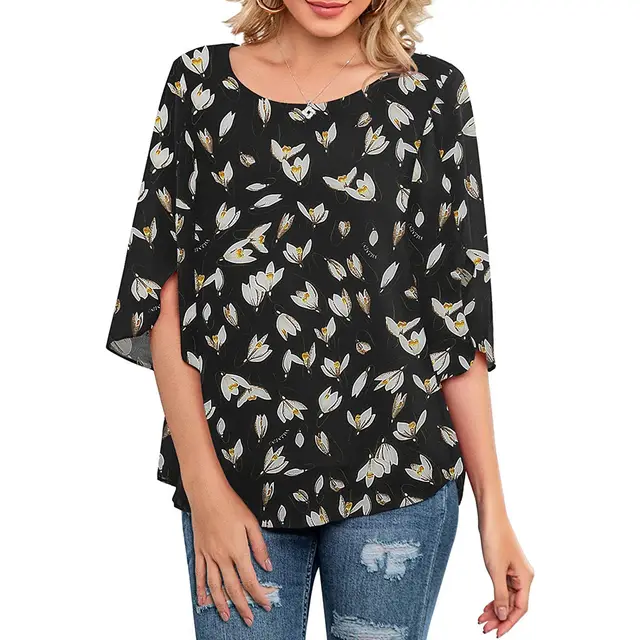 Casual Low Crew Neck Loose Print Shirt H - Shop at LoveMi